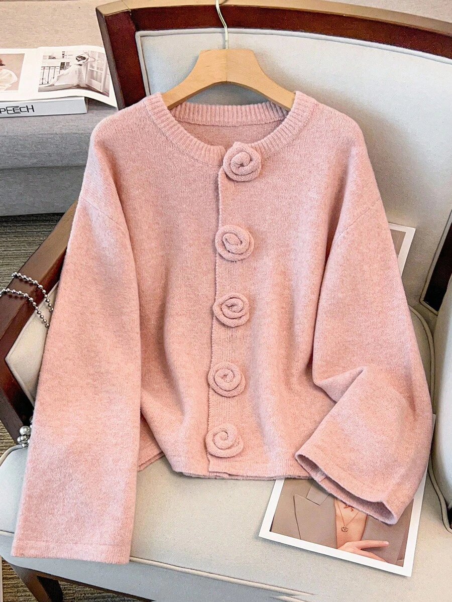 GlowEve CURVE Plus Size Women Elegant Floral Button Knit Cardigan Sweater Winter Fall Autumn - Pink - View 1