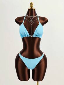 Zestiva Ladies' Vacation Solid Color Halter Strap Sexy Bikini Set With Cover-Up Dress, Summer Beach - Blue - View 5