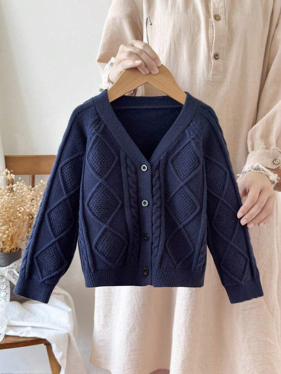 SHEIN Vintaside Kids Cárdigan para niñas, azul marino, suéter de punto grueso con patrón de trenzado de cuerda, diseño clásico de diamante, versátil y cómodo, cálido para Halloween, Navidad, primavera y otoño - azul real - Ver 1