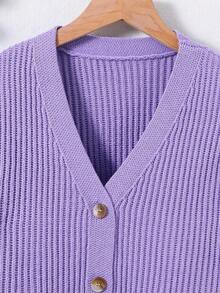 SHEIN Tween Girl Solid Color V-Neck Button Front Long Sleeve Cardigan Fall Winter - Mauve Purple - View 6
