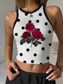 SHEIN EZwear Áo ba lỗ cổ tròn họa tiết chấm bi hoa hồng đơn giản, giản dị dành cho nữ, phù hợp cho mùa hè - trắng - Xem 5