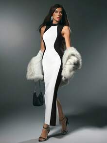 Nuvra 紧身绷带连衣裙，无袖，紧身曲线，收腰，黑白配，优雅派对，秋冬 - 黑與白 - 查看 9