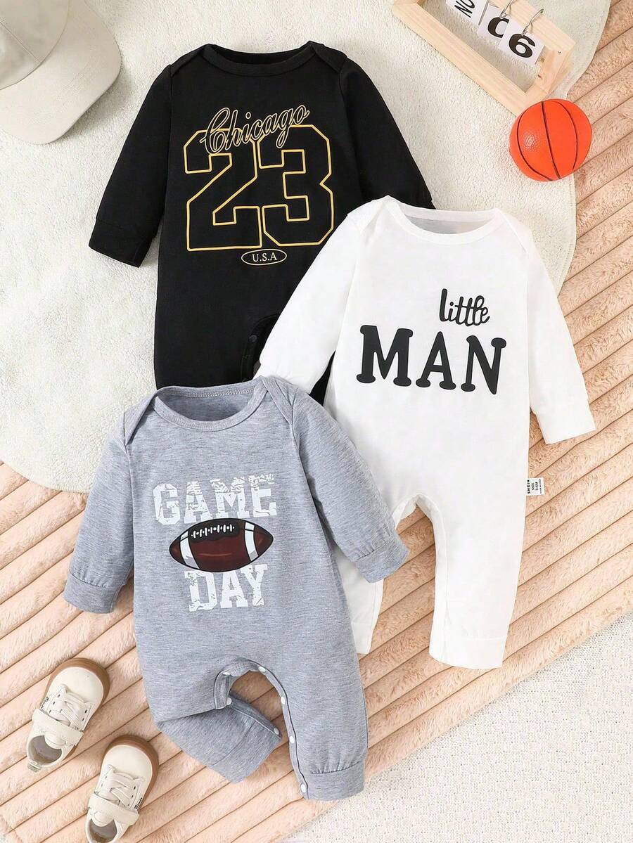 SHEIN Playful Pals 3pcs Baby Boy Casual Outfits, Letter Print Crew Neck Long Sleeve Jumpsuit, Autumn - Multicolor - View 1