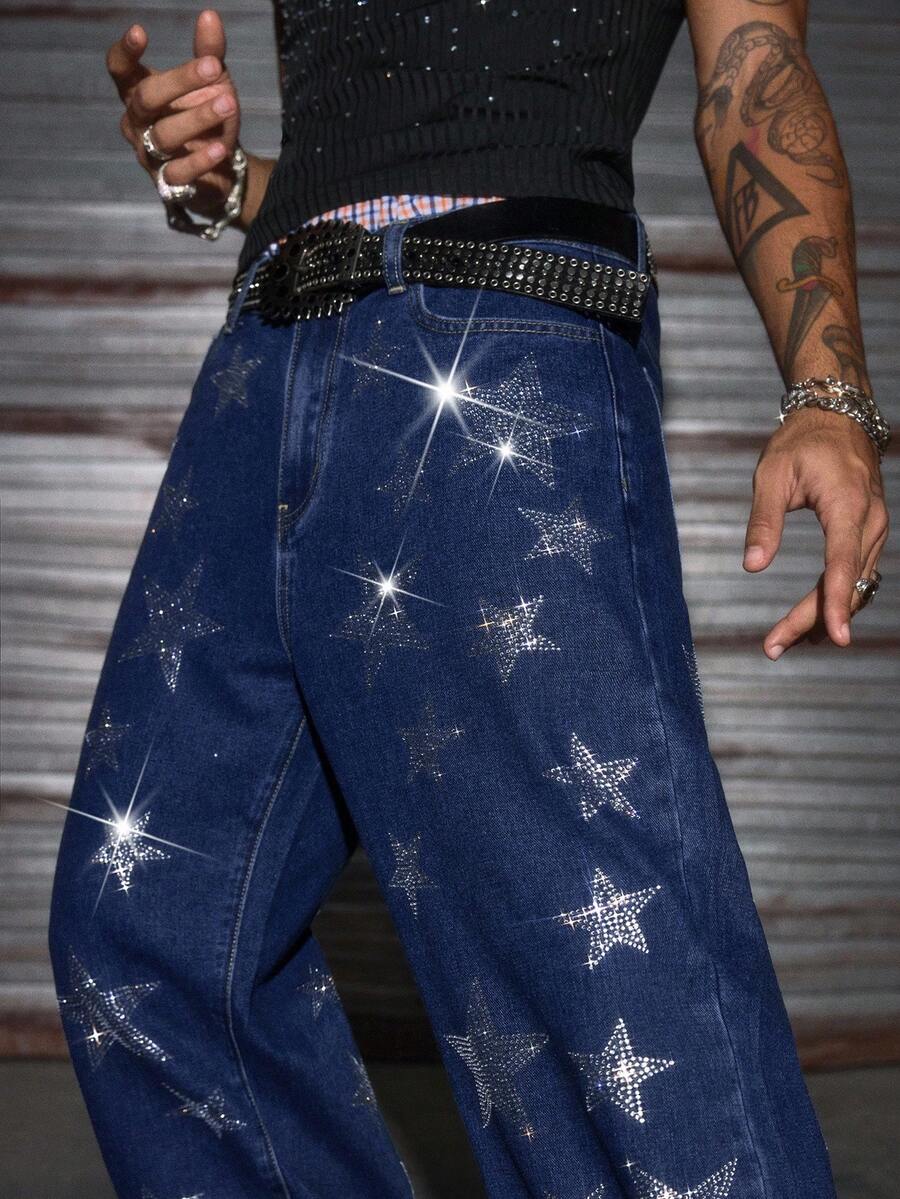 AXEPEAK Jeans casuales sueltos lavados con adornos de rhinestones para hombres - Azul - Ver 1