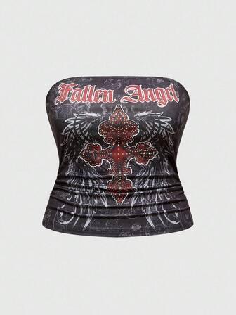 Gothic Subkultur Strass Kreuz Muster Herbst Unterhemd Kreuz Diamant Flügel Große Größen Trägerhemd, enge sexy Herbst Straße Frauen Große Größen Top Trägerhemd