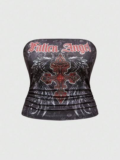 Goth Canottiera gotica con stampa a croce di strass, con ali di diamante, taglie comode, canottiera aderente e sexy da donna per l'autunno, stile da strada