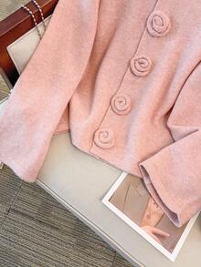 GlowEve CURVE Plus Size Women Elegant Floral Button Knit Cardigan Sweater Winter Fall Autumn - Pink - View 7