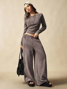 Bohemela 2pcs Boho Casual Solid Color Knitted Women Set, Autumn/Winter,Fall