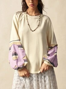 Bohemela Áo nỉ tay dài cổ tròn dệt kim chắp vá thông thường dành cho nữ vào mùa thu/đông - Màu Khaki - Xem 3