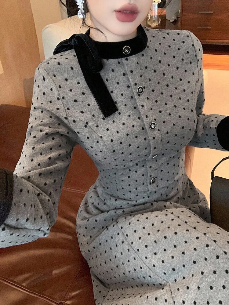 Autumn/Winter Woolen Fabric Waist Cinched Dress, All-Over Polka Dot Print, Contrast Color Ribbon Collar, Metal Button Closure, Loose Fit Elegant Work/Wedding/Party Dress, A-Line Midi Dress For Women