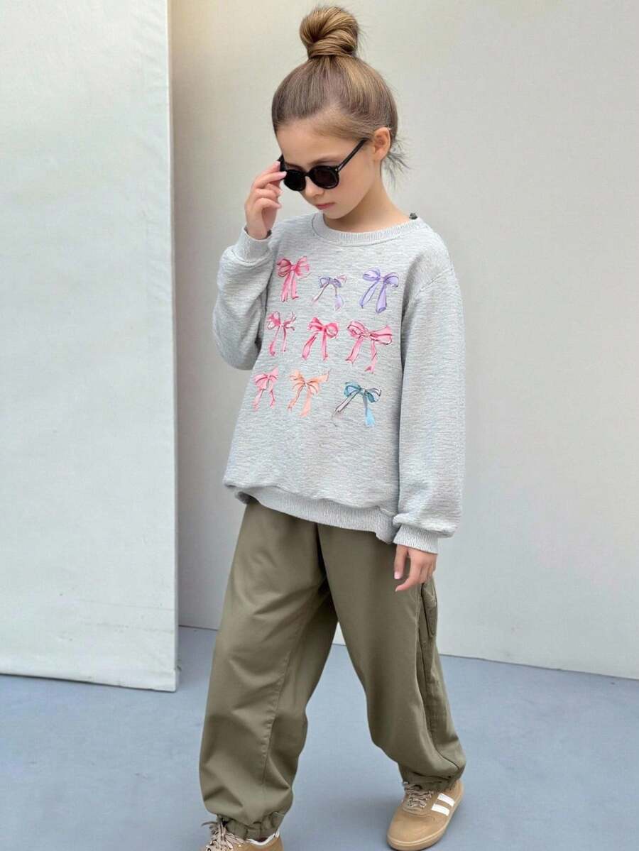 Girls' Casual Round Neck Butterfly Print Long Sleeve Sweatshirt, Autumn/Winter Fall - Grey - View 1
