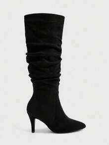 CUCCOO SZL Pointed Toe Ruched Chic Niche Pleated Gold High Heel Stacked Knee-High Boots, Elegant French Style For Women For Christmas Spring Shoes - Black - View 7