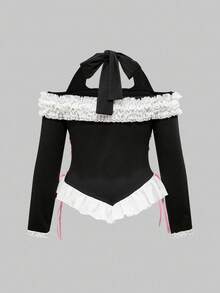 ROMWE Kawaii 大码秋季可爱蝴蝶结蕾丝拼接长袖T恤，大码女式秋冬长袖上衣 - 黑色 - 查看 2
