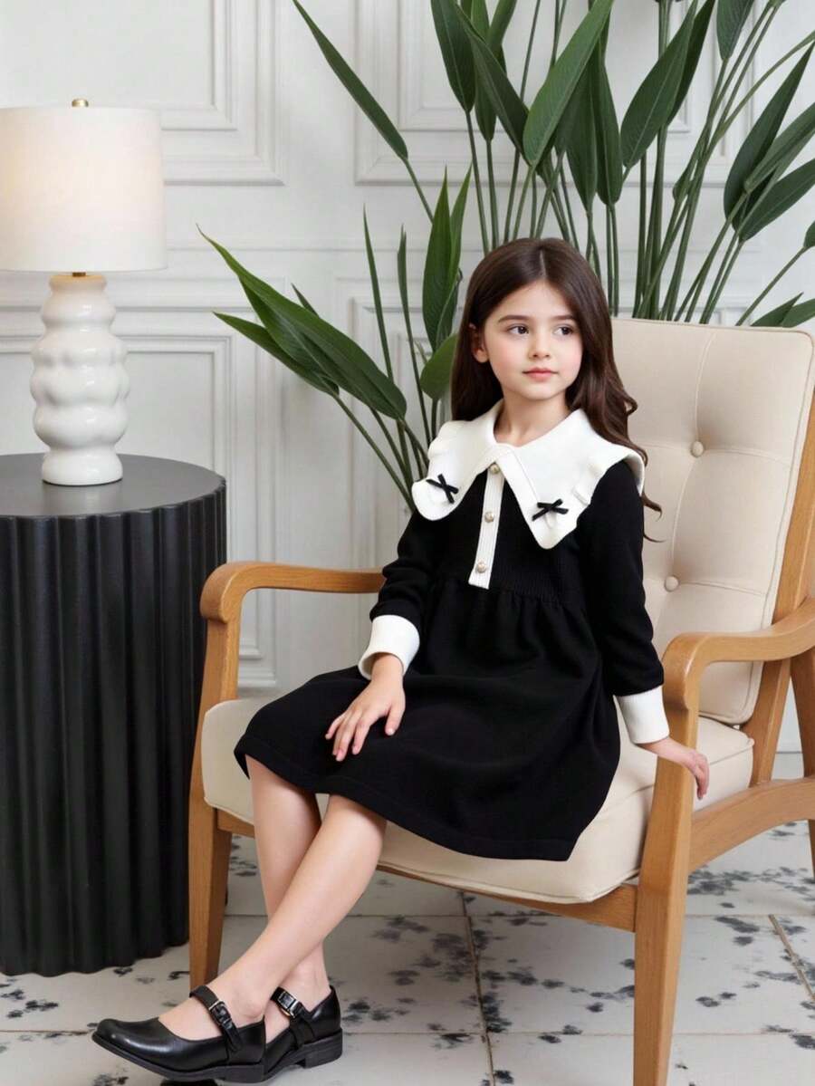 Souflis Souflis Váy len cổ bẻ cho bé gái, váy dệt kim dài tay trang trí nơ, phong cách học thuật, thích hợp mặc hàng ngày, đi chơi, ngày lễ và tiệc tùng, có thể dùng làm quà tặng - màu đen - Xem 1