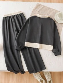 Sparklyn 2 sztuki/zestaw bluza z długim rękawem i kołnierzykiem koszulowym dla młodych dziewcząt, w kolorze szarym, z elastycznym pasem i szerokimi nogawkami, dopasowany krój, styl casualowy, wiosna/jesień