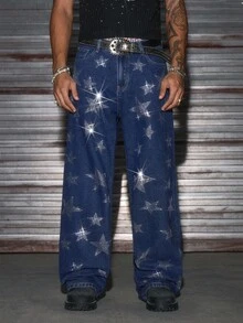 AXEPEAK Jeans casuales sueltos lavados con adornos de rhinestones para hombres - Azul - Ver 2