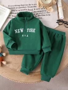 SHEIN Playful Pals Baby Boy Casual Letter Embroidery Half-Zip Long Sleeve Top Paired With Solid Color No Belt Pants, Autumn/Winter - Green - View 4