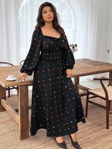 Weeklong Plus Size Heart Print V-Neck High Slit Long Sleeve Dress, Random Print Fall Cloth For Women - Black - View 3