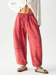 Bohemela Women's Solid Color Loose Knit Drawstring Pants - Red - View 5