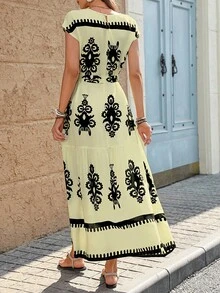 Breezaya Women Floral Print Round Neck Cap Sleeve Ruffle Hem Vacation Dress - Apricot - View 2