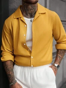 Manfinity Homme Men's Solid Yellow Bamboo Texture Casual Fashion Cuban Collar Long Sleeve Shirt, Fall - Yellow - View 1