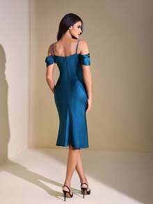 JIAN LASALA Cowl Neck Spaghetti Straps Drape Sleeves Solid Satin Midi Mermaid Dress Women Elegant Autumn Elegant Dresses For Women Going Out Party Dress Evening Dress Wedding Guest Luxury Stylish Clothing Collection Bachelorette Party Prom Dress - Teal Blue - View 2