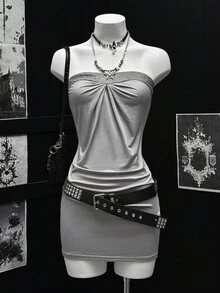 EgrlEra 女式简约撞色饰边抹胸紧身连衣裙，夏季 - 灰色 - 查看 3