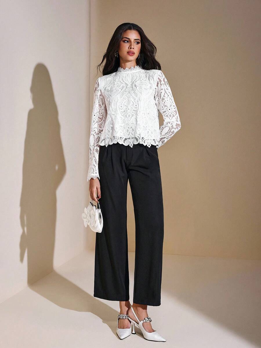 JIAN LASALA 全白蕾丝长袖优雅上衣 女士秋季穿搭 白色上衣 白色蕾丝上衣 蕾丝白色上衣 白色优雅上衣 蕾丝长袖上衣 蕾丝衬衫 女士白色衬衫 冬季婚礼宾客奢华时尚服装系列 - 白色 - 查看 1