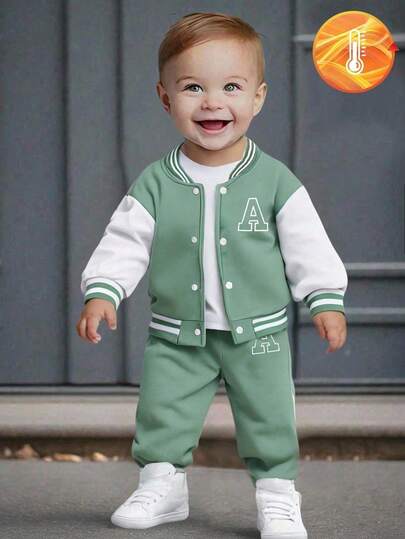 SHEIN Playful Pals 1 Set Baby Boy Baseball Jacket With Button Closure & Letter Print And Letter Print Pants Without Waistband, A Comfortable Outfit Suitable For Baby Boys To Wear In Autumn, Spring And Winter. This Set Is Not Only Suitable For But Also For Home Wear. The Fluffy Fabric Design Keeps Baby Warm. This Set Is Versatile, Suitable For Baby Boys In Various Daily Occasions. Keeps Baby Boys Fashionable And Comfortable In Autumn, Spring And Winter.