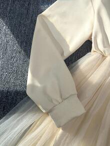 Tween Girl Casual Solid Color Mesh Patchwork Hooded Dress,Wedding, Party,Prom, Birthday,Halloween,Graduation Fall Winter - Beige - View 6