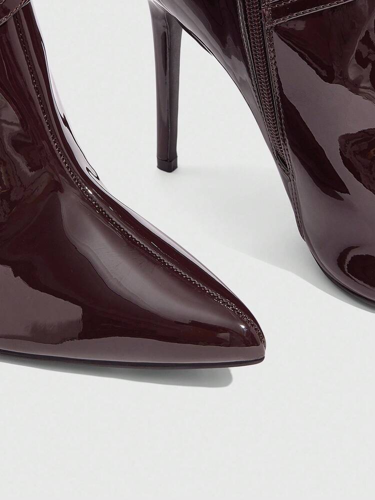 CUCCOO SZL Women's Fashion Coffee Brown Glossy PU Leather Side Rhinestone & Metal Buckle Pointed Toe Slim High Heel Over-The-Knee Boots