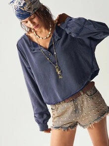 Bohemela 波西米亚风女士休闲纯色不对称下摆圆领半开襟宽松长袖水洗宽松卫衣，饰有星星图案，复古西部乡村风格，适合音乐会、度假、返校、万圣节等场合，秋冬季穿着。 - 藏蓝色 - 查看 7