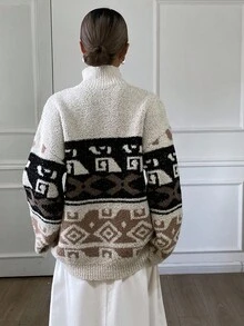 Livesso Women's Loose Casual Vacation Fashion Colorblock Patchwork Geometric Floral Retro Print Knit Cardigan, Autumn/Winter - Beige - View 5