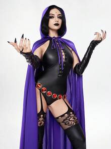 ROMWE Avant 2 piezas Disfraz de Halloween para Mujer - Mono con nudo delantero y capa con capucha morada - Multicolor - Ver 2