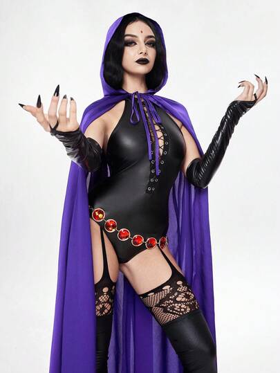 ROMWE Avant 2pcs Halloween Costume For Women - Front Tie Jumpsuit With Purple Hooded Cape