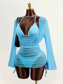 Zestiva Ladies' Vacation Solid Color Halter Strap Sexy Bikini Set With Cover-Up Dress, Summer Beach - Blue - View 6