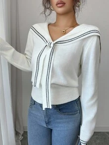 Elenzga Casual Commute Colorblock Striped Sailor Collar Sweater - Apricot - View 6