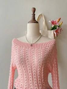 SHEIN Unity Pale Pink Hollow Out Boat Neck Flare Sleeve Sweater For Women - Pink - View 3