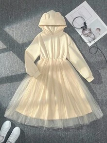 Tween Girl Casual Solid Color Mesh Patchwork Hooded Dress,Wedding, Party,Prom, Birthday,Halloween,Graduation Fall Winter - Beige - View 1