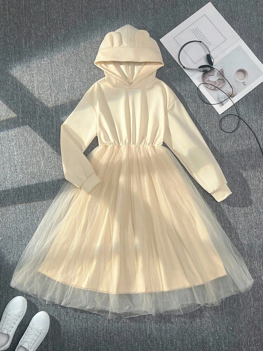 Tween Girl Casual Solid Color Mesh Patchwork Hooded Dress,Wedding, Party,Prom, Birthday,Halloween,Graduation Fall Winter - Beige - View 1