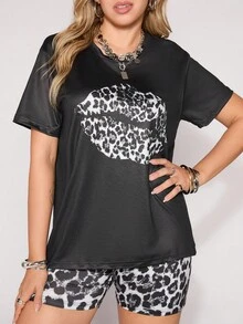 Slaydiva 2 件大码休闲豹纹唇形设计短袖 T 恤和短裤套装，夏季