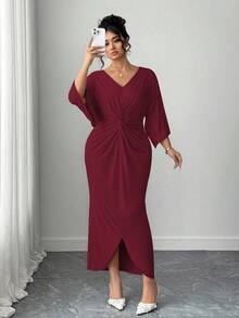 Elenzga 大码女式优雅针织高弹力V领扭纹设计蝙蝠袖中长连衣裙 - 酒紅色 - 查看 4