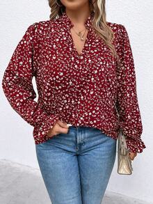 EMERY ROSE Plus Size Women All-Over Print Loose Casual Long Sleeve Shirt - Redwood - View 6