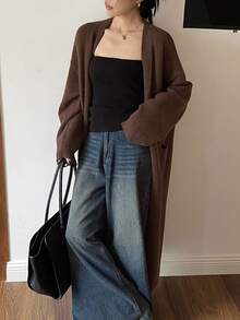 Livesso 女士纯棕色长款针织开衫，宽松商务休闲优雅毛衣，适合秋冬季 - 棕色 - 查看 3