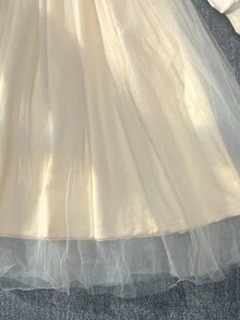 Tween Girl Casual Solid Color Mesh Patchwork Hooded Dress,Wedding, Party,Prom, Birthday,Halloween,Graduation Fall Winter - Beige - View 5