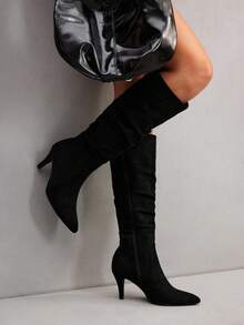 CUCCOO SZL Pointed Toe Ruched Chic Niche Pleated Gold High Heel Stacked Knee-High Boots, Elegant French Style For Women For Christmas Spring Shoes - Black - View 4