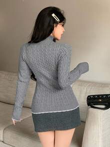 Women's Textured Cable Knit Sexy Fitted Sporty Sweater, Color Block Lace Patchwork Stand Collar Casual Cardigan, Autumn/Winter - Grey - View 3