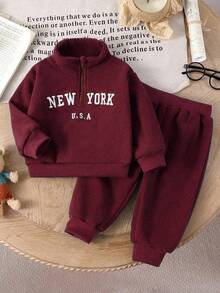 SHEIN Playful Pals Baby Boy Front Zipper Long Sleeve Letter Print Minimalist Top And Trousers Set