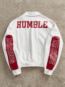 Manfinity Unisex Men's Woven Fashionable Casual Daily Loose Long Sleeve PU Leather Jacket, School, For Fall Winter, Couple Things - Red and White - View 3