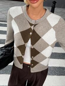 Pariaura Women's Casual Collegiate Style Patchwork Argyle Pattern Long Sleeve Button-Up Cardigan Sweater, Autumn